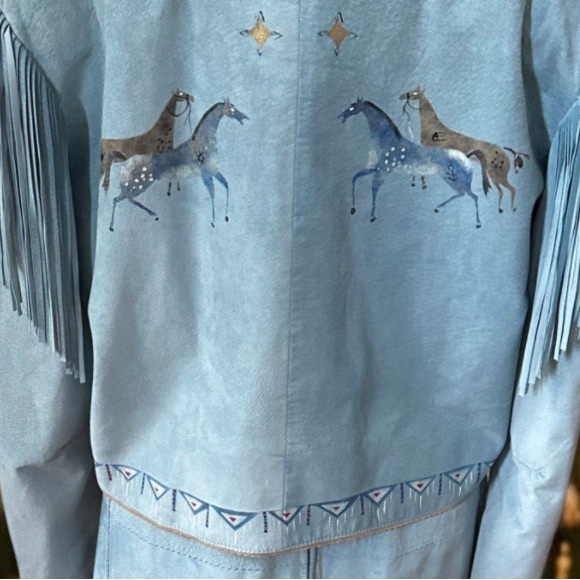 VPatricia Wolf Hand-Painted Suede Fringe Jacket & Skirt Set horses stars S/M EUC - Picture 10 of 13